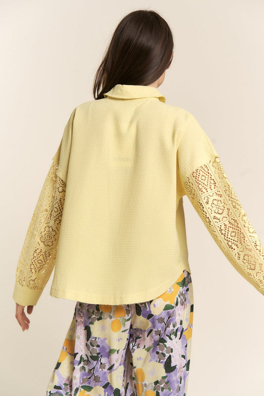 J.NNA Button Down Lace Long Sleeve Waffle Shirt Shop One Place