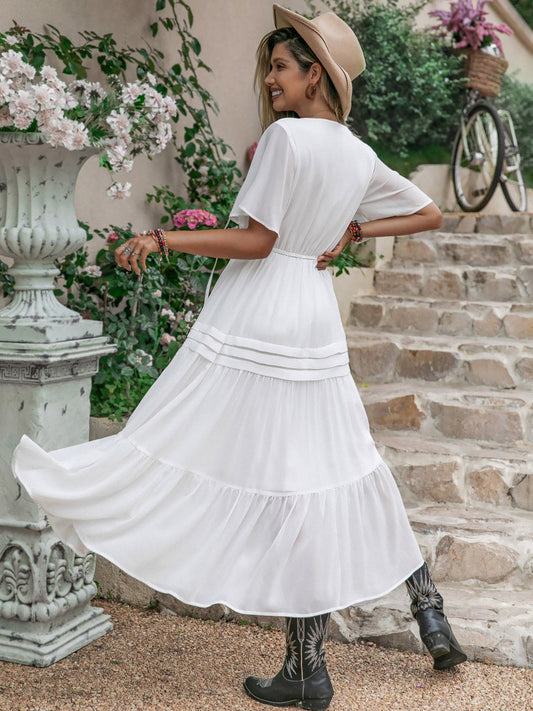 Tie Neck Short Sleeve Ruffle Hem Dress Shop One Place