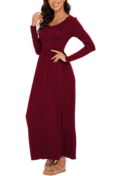 Round Neck Long Sleeve Pocketed Maxi Dress Shop One Place