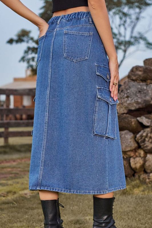 Slit Front Midi Denim Skirt with Pockets Shop One Place