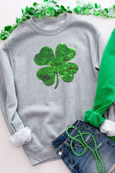 Lucky Clover Sequin Round Neck Sweatshirt Shop One Place