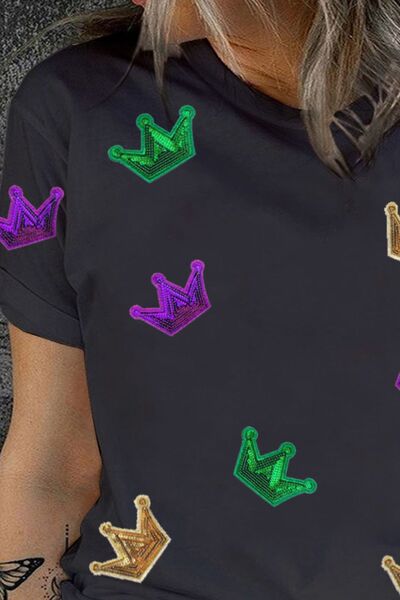 Plus Size Sequin Crown Print Round Neck T-Shirt Shop One Place