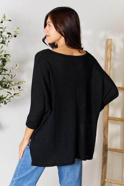 Zenana Full Size Round Neck High-Low Slit Knit Top Shop One Place