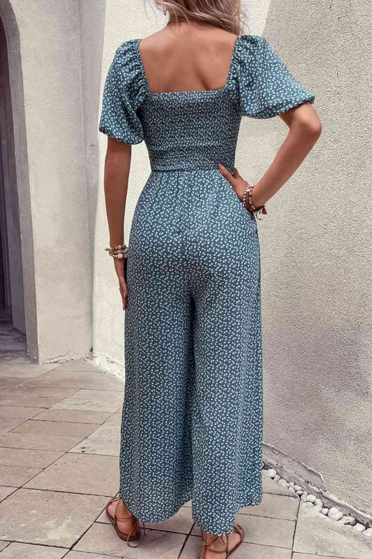Printed Square Neck Jumpsuit with Pockets Shop One Place
