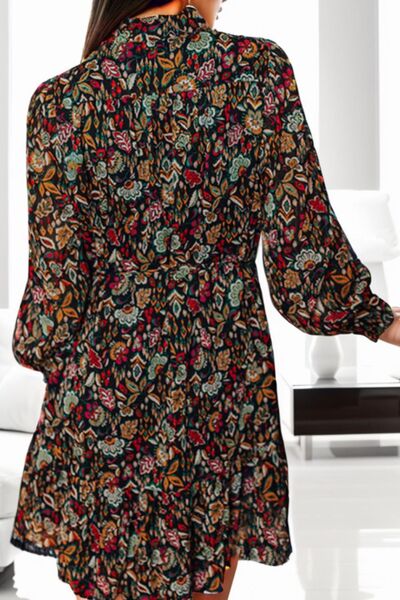 Printed Notched Long Sleeve Dress Shop One Place