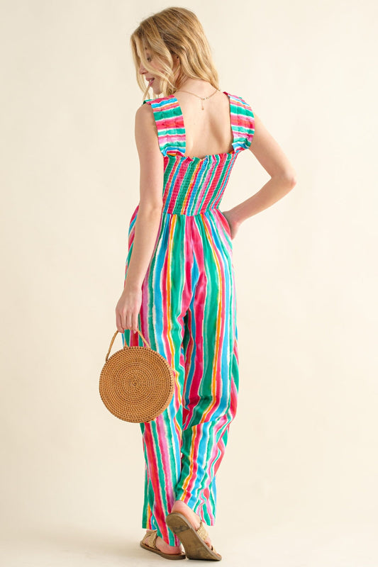 And The Why Full Size Striped Smocked Sleeveless Jumpsuit Shop One Place