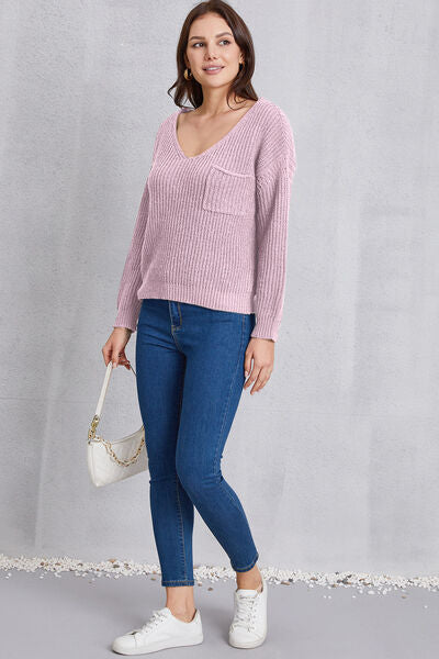 V-Neck Pocketed Dropped Shoulder Knit Top Shop One Place