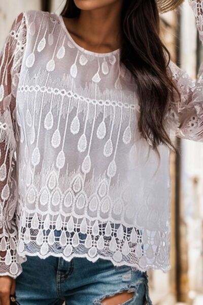 Round Neck Flounce Sleeve Lace Blouse Shop One Place