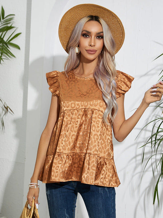 Full Size Ruffled Leopard Cap Sleeve Top Shop One Place