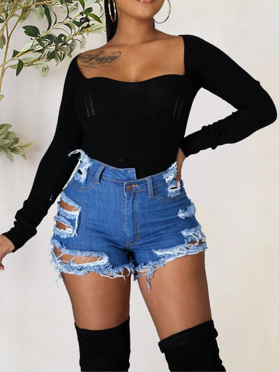 Distressed Raw Hem Denim Shorts with Pockets Shop One Place