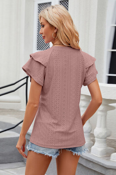 Eyelet Notched Short Sleeve T-Shirt Shop One Place