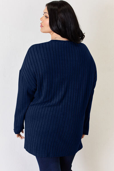 Basic Bae Full Size Ribbed Half Button Long Sleeve High-Low T-Shirt Shop One Place