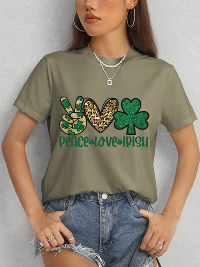 PEACE LOVE IRISH Round Neck Short Sleeve T-Shirt Shop One Place