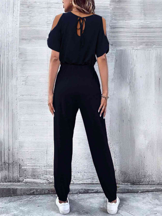 V-Neck Cold-Shoulder Jumpsuit with Pockets Shop One Place