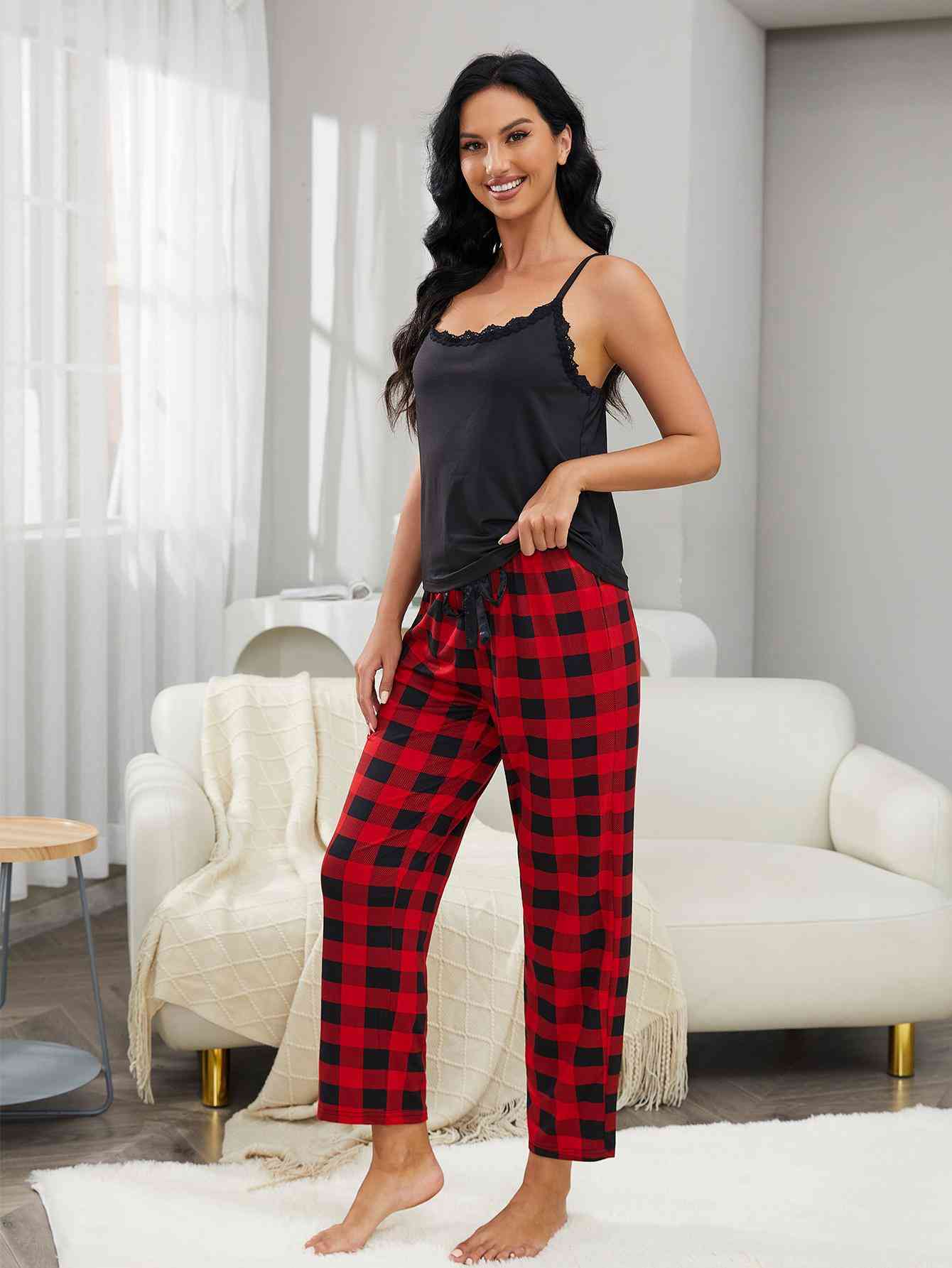 Lace Trim Cami and Plaid Pants Lounge Set Shop One Place
