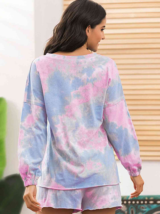 Tie-Dye Long Sleeve Top and Shorts Lounge Set Shop One Place