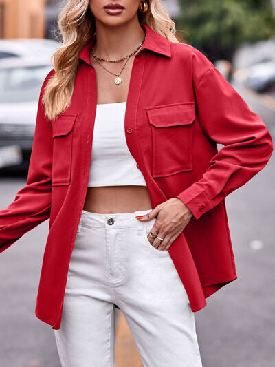 Pocketed Button Up Dropped Shoulder Shacket Shop One Place