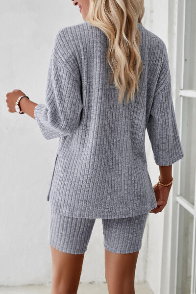 Ribbed Round Neck Top and Shorts Set Shop One Place