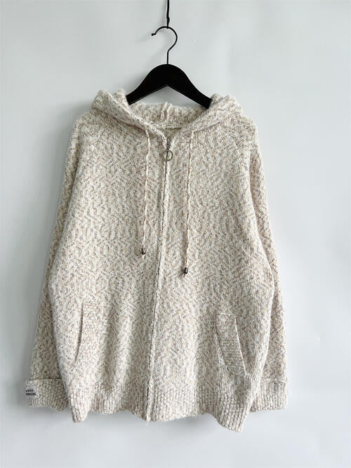 Zip Up Drawstring Long Sleeve Hooded Sweater Shop One Place