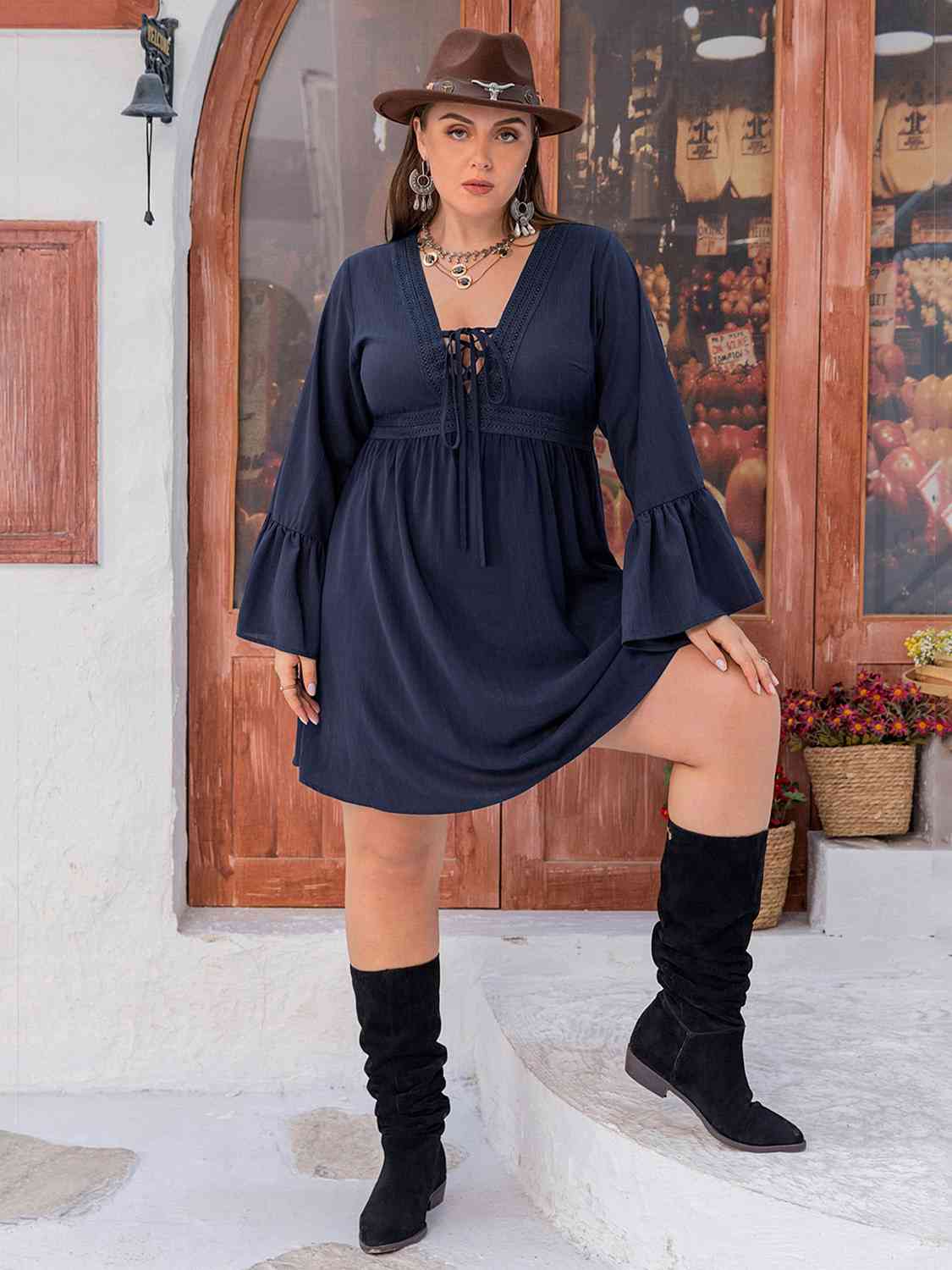 Plus Size Tie Front V-Neck Flare Sleeve Dress Shop One Place