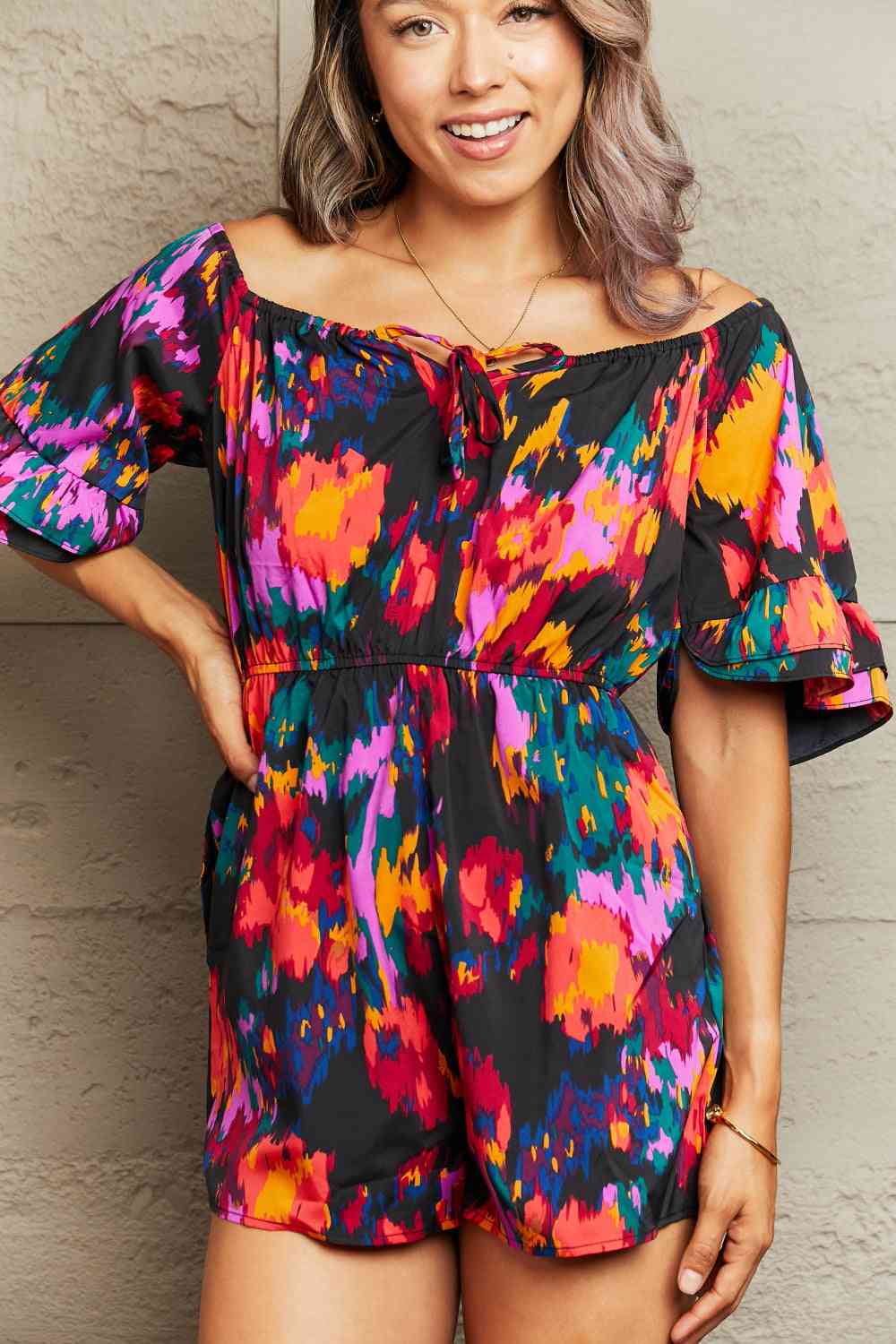 Printed Tied Flounce Sleeve Romper Shop One Place