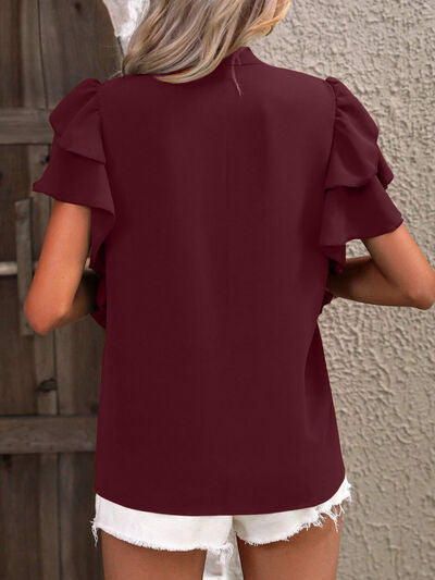 Ruffled Notched Short Sleeve Blouse Shop One Place