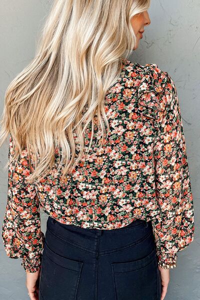Floral Round Neck Lantern Sleeve Blouse Shop One Place