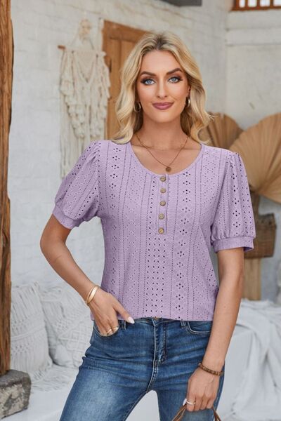Eyelet Round Neck Short Sleeve Blouse Shop One Place