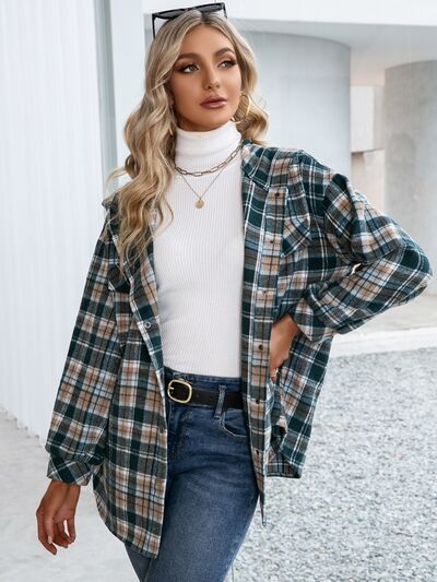 Plaid Snap Down Hooded Jacket Shop One Place