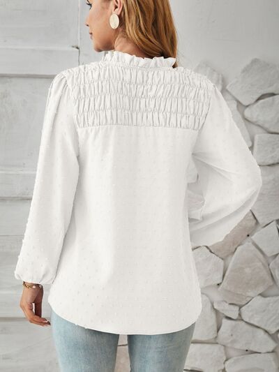 Ruched Swiss Dot Notched Balloon Sleeve T-Shirt Shop One Place