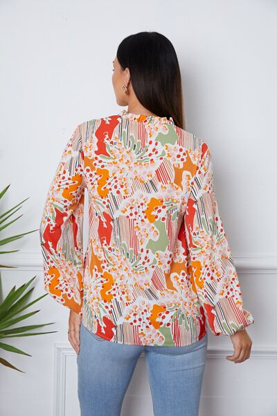 Floral Frill Notched Long Sleeve Blouse Shop One Place
