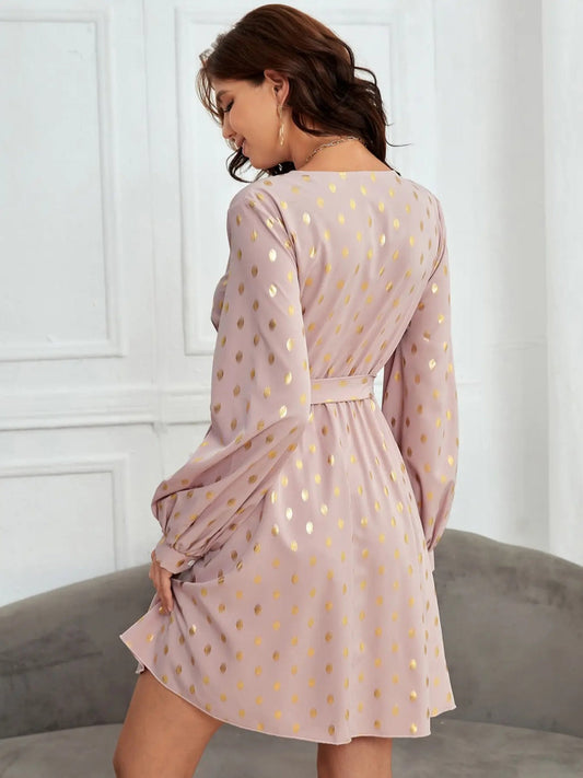 Tied Printed Surplice Long Sleeve Dress Shop One Place
