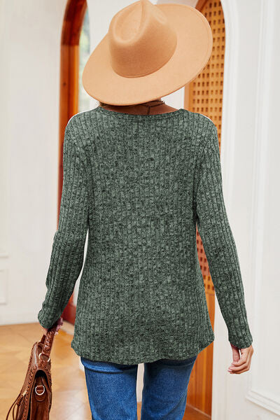 Eyelet Ribbed Round Neck Long Sleeve T-Shirt Shop One Place