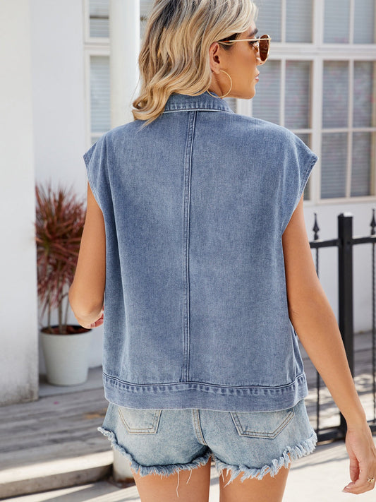 Pocketed Button Up Sleeveless Denim Jacket Shop One Place