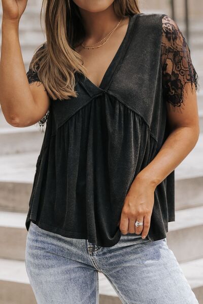 Lace Detail V-Neck Short Sleeve T-Shirt Shop One Place