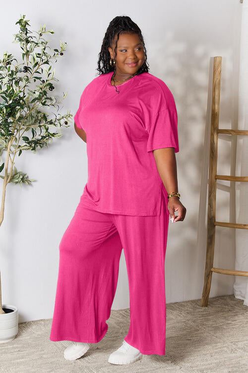 Double Take Full Size Round Neck Slit Top and Pants Set Shop One Place