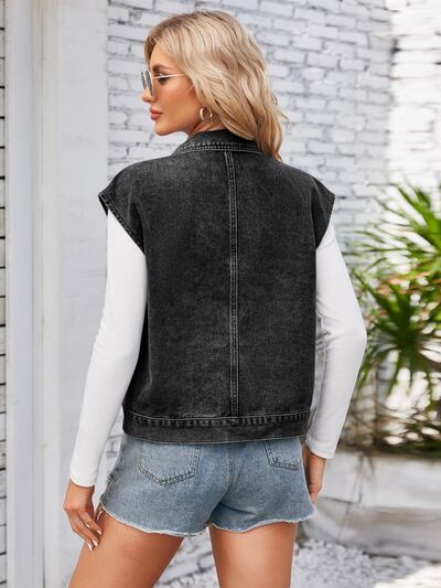 Cap Sleeve Denim Jacket with Pockets Shop One Place