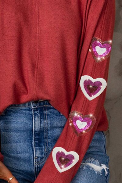 Heart Sequin Round Neck Long Sleeve T-Shirt Shop One Place