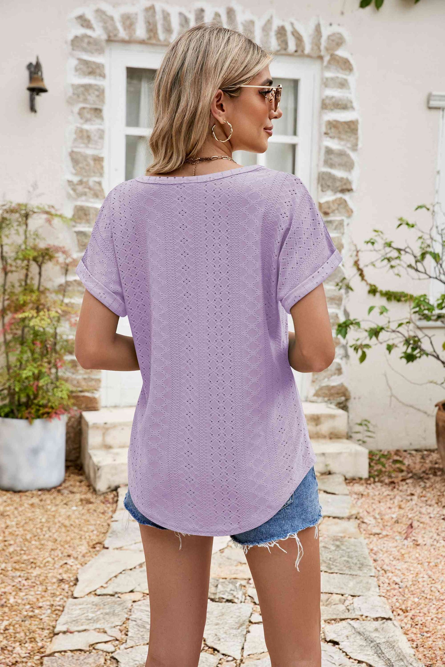 Full Size Round Neck Eyelet Short Sleeve Top Shop One Place