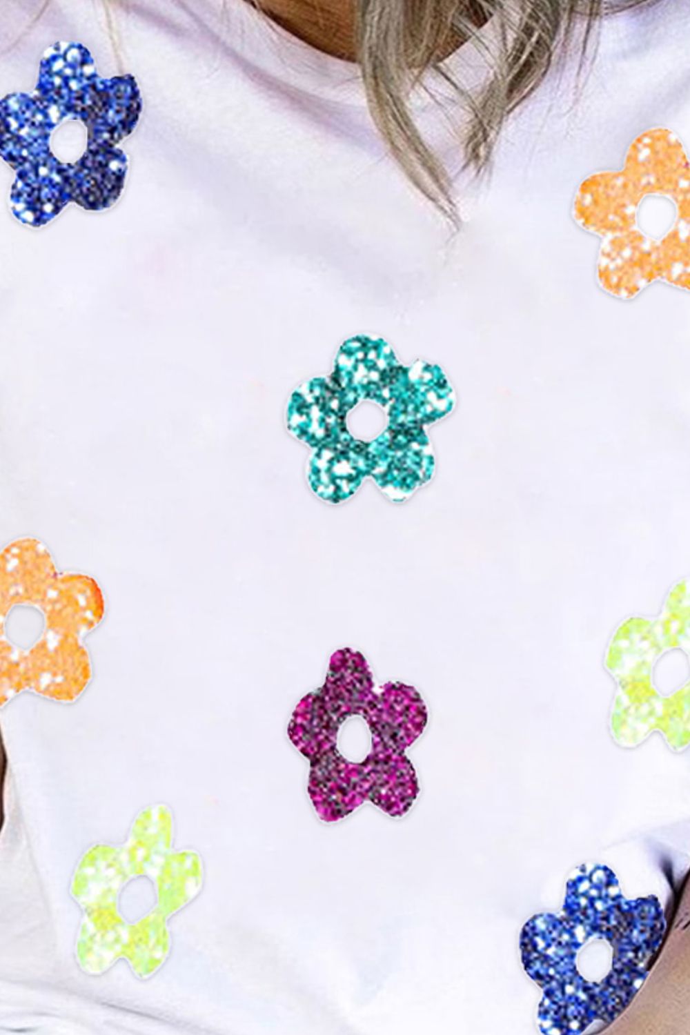 Sequin Flower Round Neck Short Sleeve T-Shirt Shop One Place