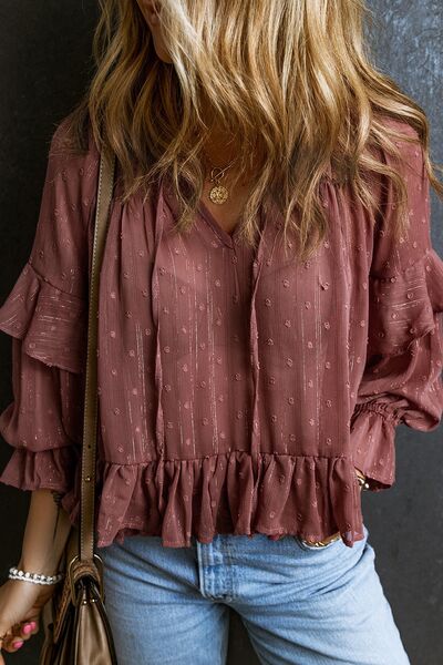 Swiss Dot Tie Neck Flounce Sleeve Blouse Shop One Place