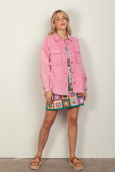 VERY J Full Size Button Up Raw Hem Long Sleeve Jacket Shop One Place