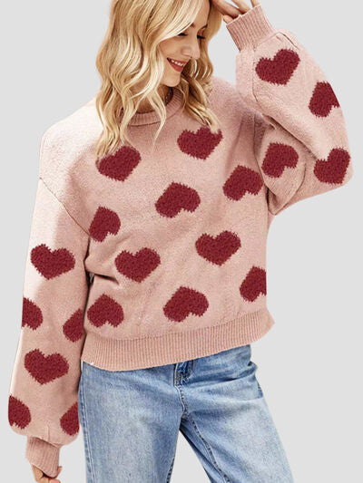 Heart Round Neck Dropped Shoulder Sweater Shop One Place