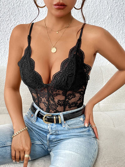 Lace V-Neck Spaghetti Strap Bodysuit Shop One Place