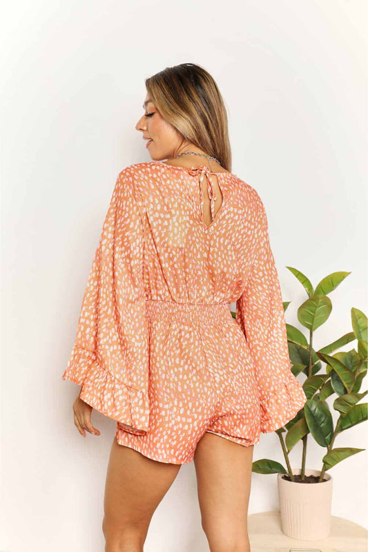 Double Take Printed Flare Sleeve Surplice Romper Shop One Place