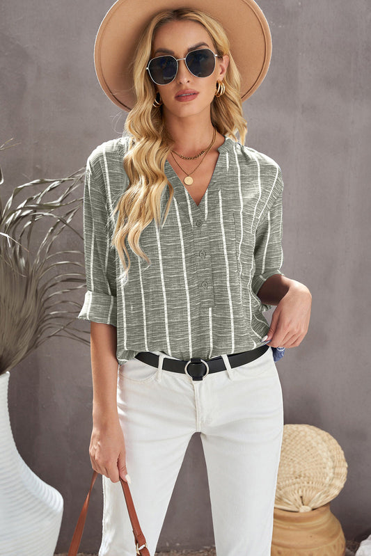 Striped Notched Long Sleeve Shirt Shop One Place