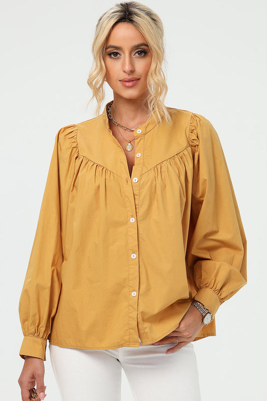 Ruched Button Up Long Sleeve Shirt Shop One Place