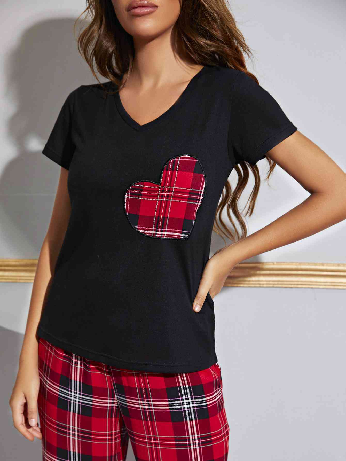Heart Graphic V-Neck Top and Plaid Pants Lounge Set Shop One Place