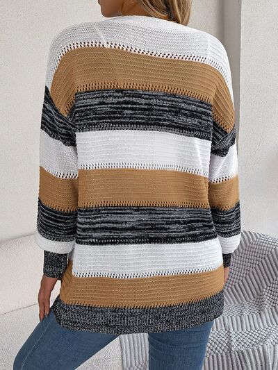 Openwork Striped Open Front Cardigan Shop One Place