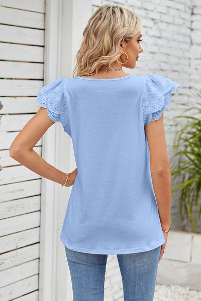 Eyelet Square Neck Cap Sleeve Blouse Shop One Place
